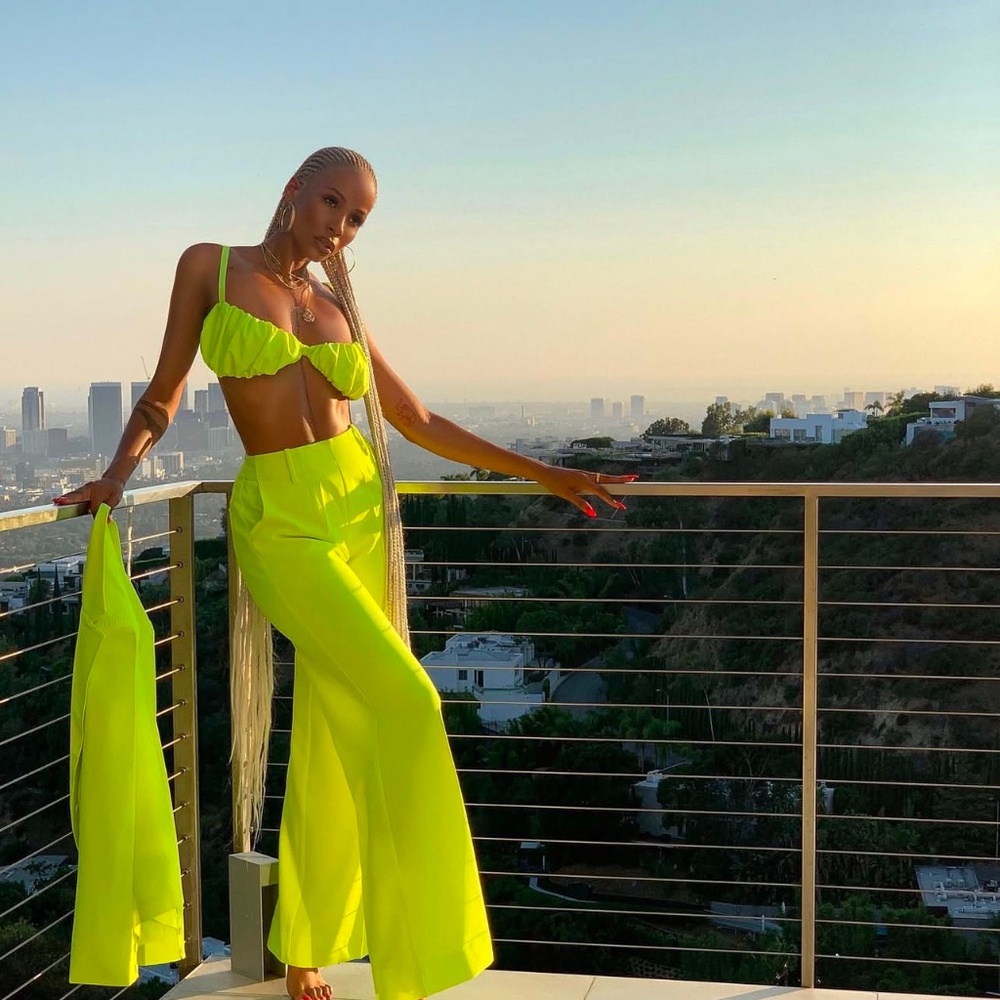 Pre-owned Hanifa Jade Lime Green Wide Leg Pants - Large